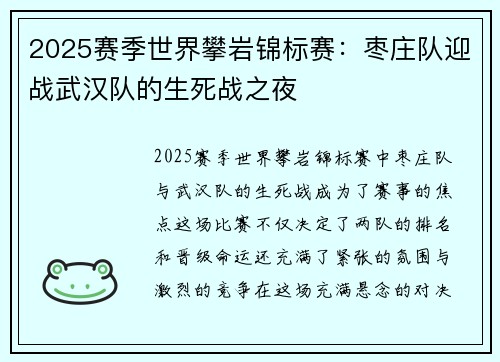 2025赛季世界攀岩锦标赛：枣庄队迎战武汉队的生死战之夜